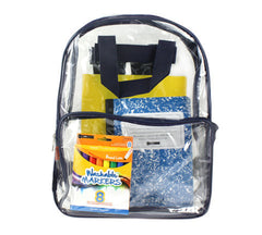 Full-size clear backpack with Navy trim and accents | Filled example school supplies